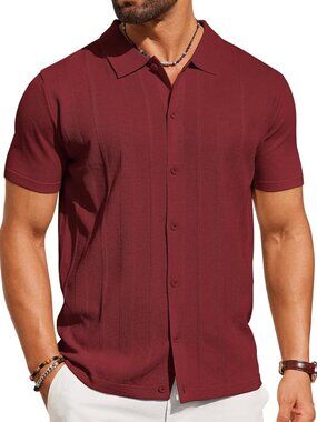 Men's Wine Red Knit Short Sleeve Button Down Polo premium lightweight Shirt